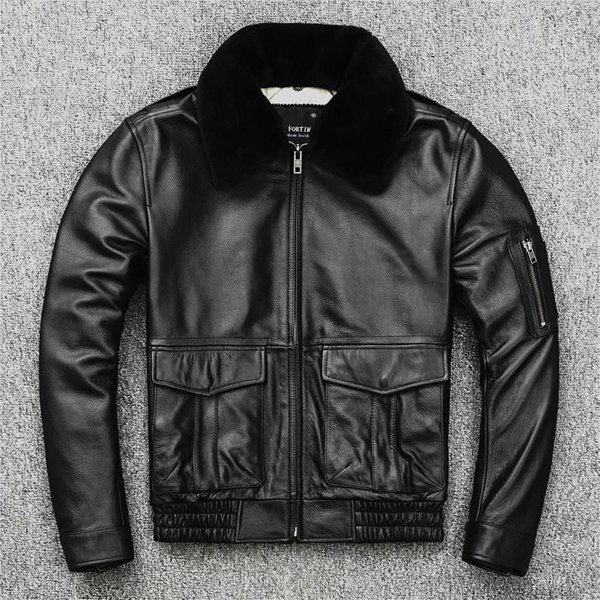 Chaqueta De Cuero Genuino, Cuero De Vaca De Primera Capa Y AlgodóN, Chaqueta De Cuero Tipo Traje De Vuelo Gruesa De Talla Grande Xxxxl Negro-image