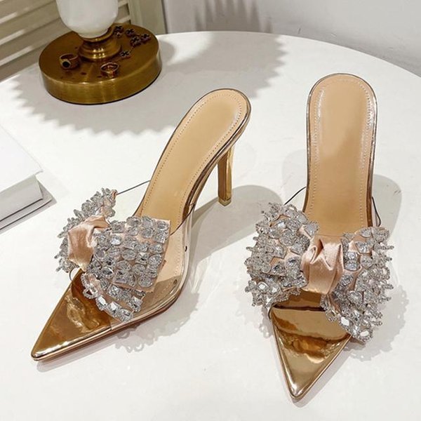 Liyke Rozmiar 35 -41 Seksowne Szpiczaste Noski MułY Wysokie Obcasy Striptizerka Pantofel Kryształ Kokarda Pvc Przezroczyste Buty Dla Kobiet ZłOte SandałY 37 Beige-image