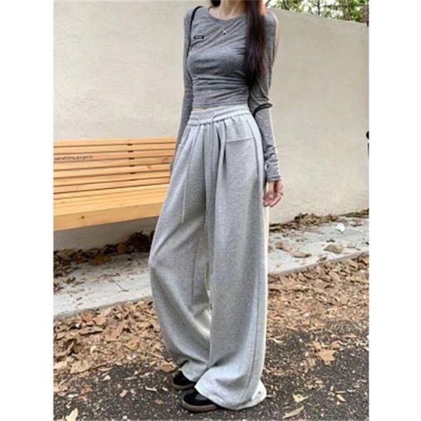 LuźNy Styl BiałE Szerokie Spodnie LuźNe Drapowane Codzienne Spodnie Damskie Jesienne Spodnie Z Wysokim Stanem Proste Spodnie Spodnie Do Ziemi 2XL Beige-image