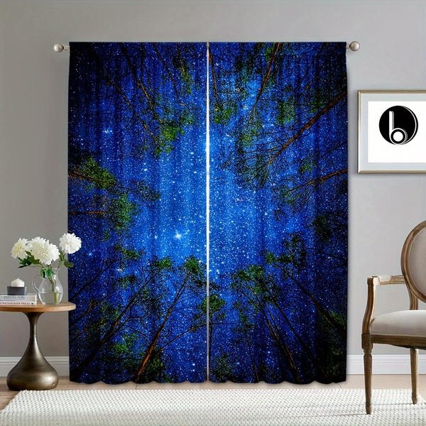 2 Paneles Impresionante Cortina De Ventana Estampada Cielo Estrellado Del Bosque, Cortina Con Bolsillo Para Barra Semi Opaca Cortinas Decorativas Para Sala De Estar Dormitorio 2X50W100H(Cm)&Hook-image
