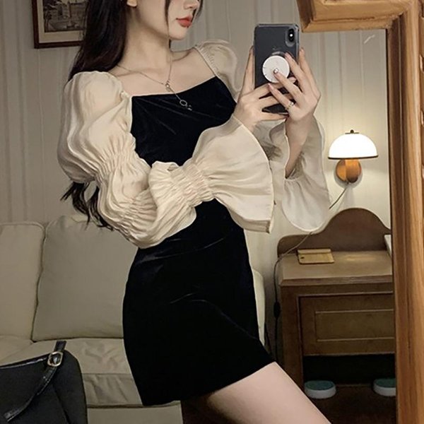 Cuello Cuadrado Manga Abullonada Negro DiseñO De Vestido Negrito Nuevo Primavera Y OtoñO Vestido Slim De Manga Larga 2XL Beige-image