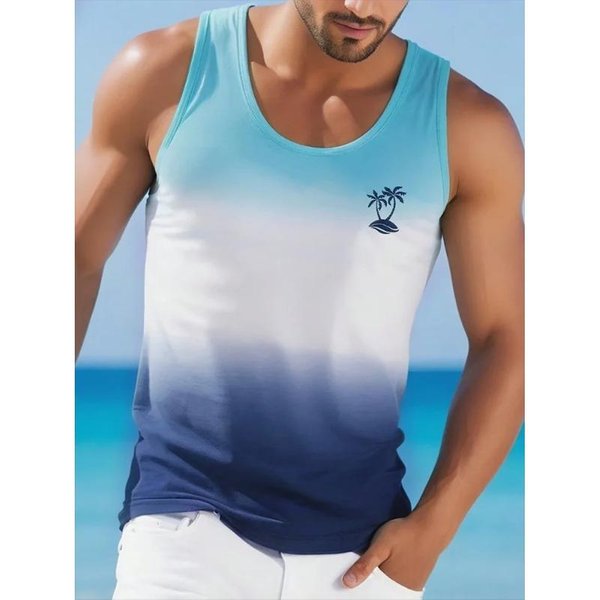 Verano Cuello Redondo 3D Degradado Palmera Estampado Top Moda Casual Estilo Hawaiano Chaleco Sin Mangas Camisetas De Hombre L-image