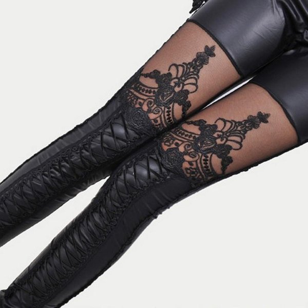 Modne Damskie Sznurowane Legginsy Rajstopy Spodnie Ze Sztucznej SkóRy PU KTB Czarny-image