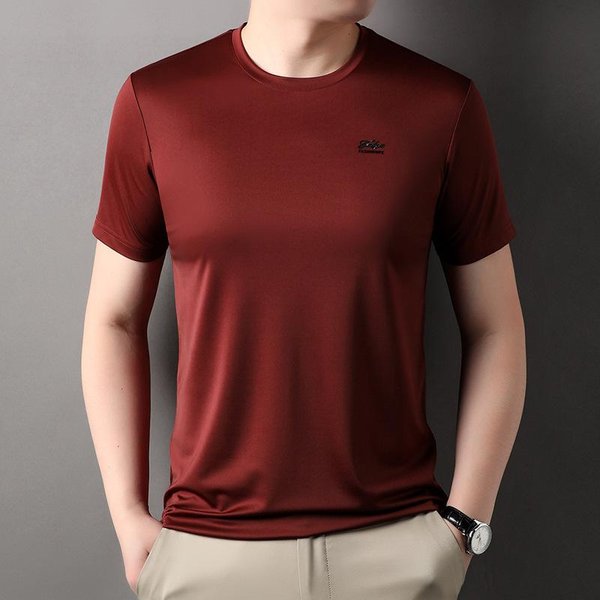 Camiseta De Verano Para Hombre Con Cuello Redondo De Seda De Morera De Manga Corta Camiseta Casual De Media Manga Nueva Camiseta Base Para Hombre 3XL Brown-image