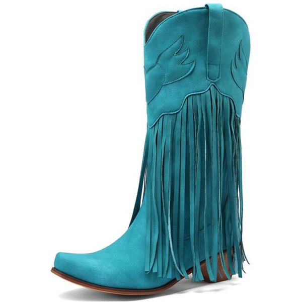 Damskie Kowbojskie Buty W Stylu Western, śRednie Obcasy, FręDzle, Buty Za Kolano, Damskie Buty Zimowe 44 Blue-image