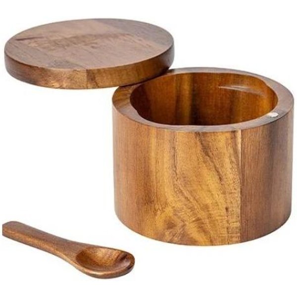 Recipiente Para Sal De Madera De Acacia Caja De Condimentos Pimentero Con Tapa MagnéTica Giratoria Almacenamiento De Cocina Tarro Para Especias Botella Para Condimentos Salero Brown-image