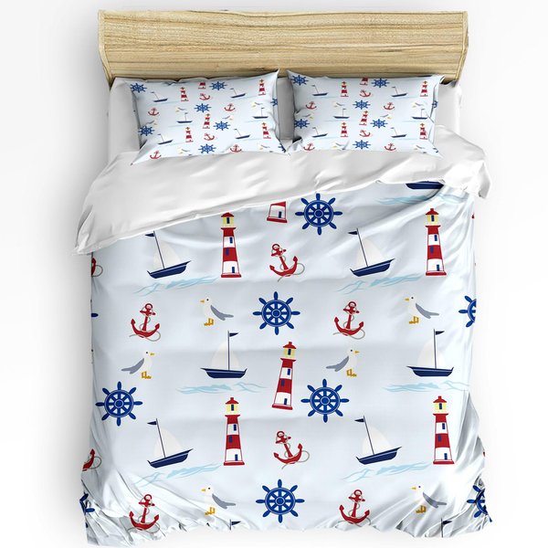 Juego De Ropa De Cama De 3 Piezas Con DiseñO De Barco Rayado, TimóN Y Ancla Para Cama Doble, Textil Para El Hogar, Funda NóRdica, Funda De Colcha, Funda De Almohada EU Single(135X200Cm) White-image