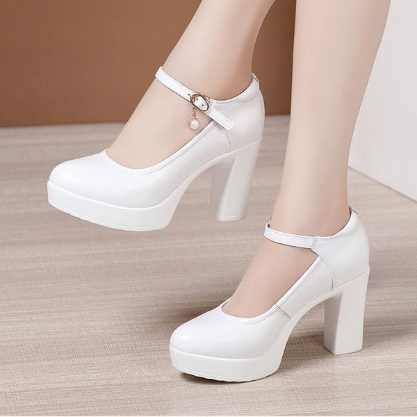 Moda Rozmiar 32-43 SkóRa Naturalna Gruba Podeszwa Platforma CzółEnka Kobiety Buty ŚLubne BiałE 2024 Klockowe Wysokie Obcasy Buty Do Biura Model 38 White-image