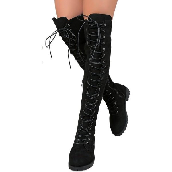 Buty Damskie Kozaki Za Kolano Damskie Nowoczesne Botki Damskie Sznurowane OkrąGłY Nosek Niski Obcas Boczny Zamek DużE Rozmiary Buty Damskie 39 Czarny-image