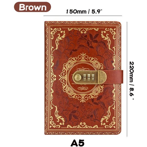 Cuaderno De ContraseñA Retro Diario De Cuero PU Con Candado Cuaderno De Diario A5 PapeleríA Escolar Bloc De Notas Para Estudiantes MarróN-image