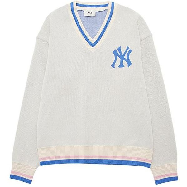 MLB SS24 New York Yankees SuéTer De Punto Con Escote En V Y Letras Del Logo En La Espalda SuéTer Unisex Crema Claro 3AKPV0141-50CRD M White-image