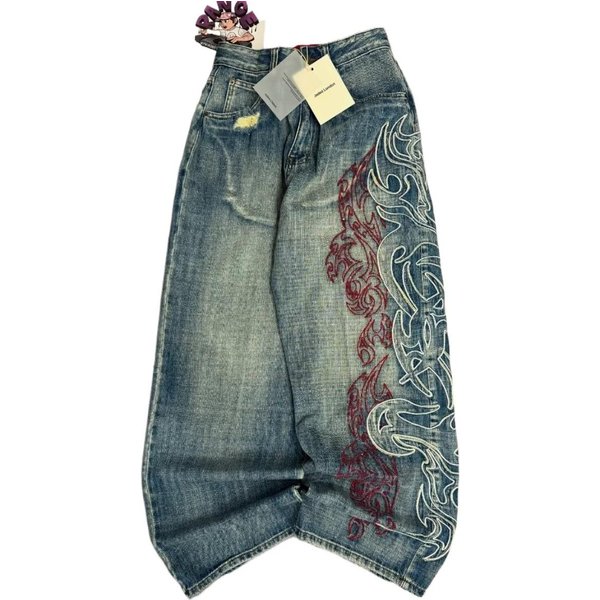 VibeStreet Y2K AmerykańSki Nowy WzóR Haftowane LuźNe DżInsy High Street Vintage Hip Hop Moda Codzienne Joker Para Szerokie Nogawki L Gray-image