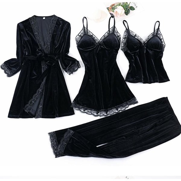 Conjunto De Cuatro Piezas De Pijama Para Mujer, Ropa De Casa De Terciopelo OtoñO E Invierno, Pijama Sexy De Encaje, Tirantes, CamisóN, Bata De BañO L Black-image