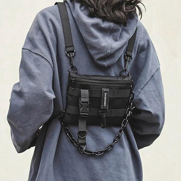 Funkcjonalna Taktyczna Torba Na Klatkę Piersiową Na Modę Unisex Bullet Kamizelka Hiphopowa Streetwear Torba Saszetka Biodrowa Kobieta Czarna Dzika Torba Na Klatkę Piersiową Czarny-image