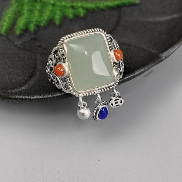 Anillos Vintage De Jade Verde Natural Para Mujer Estilo Nacional Borlas Anillo De LapisláZuli JoyeríA GeoméTrica CláSica Resizable-image
