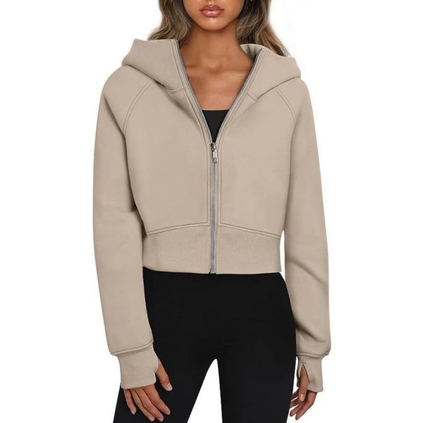 Damska Bluza Z Kapturem Na Zamek, KróTka, Z DłUgim RęKawem, Casualowa M Khaki-image