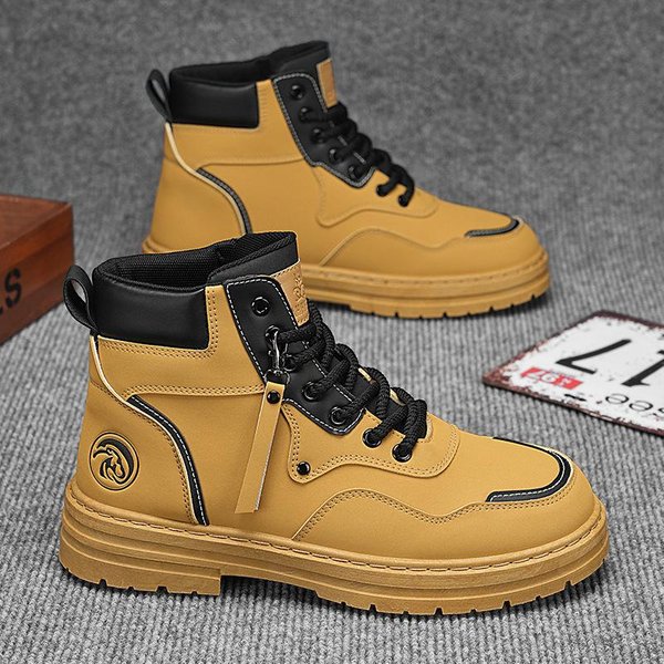 Buty Typu Martin MęSkie Jesienne MęSkie Buty Wysokie Brytyjski Styl Ubrania Robocze DużE ŻółTe Buty MęSkie Styl KoreańSki Wszechstronne Gruba Podeszwa KróTkie 44-image