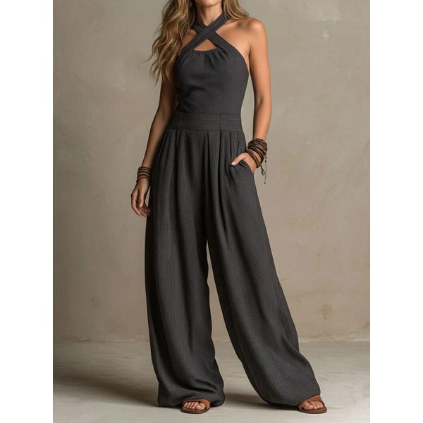 Mono De Mujer Con Cuello Halter Cruzado Y Pierna Ancha, Color Liso 2XL-image