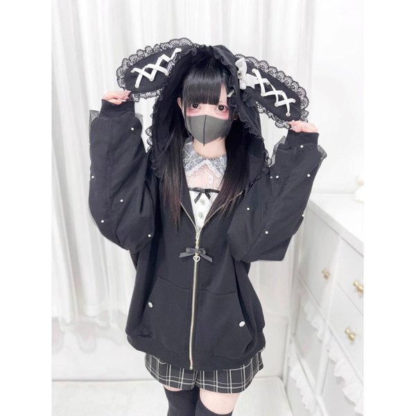 Zimowe SłOdkie Urocze Uszy KróLika Lolita PłAszcze Damskie Codzienna Moda Bandaż Koronka Oversize Bluza Y2K Harajuku Kurtki Z Kapturem XL Czarny-image