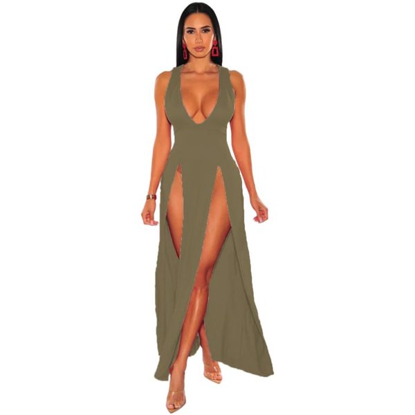 ReciéN Llegados Vestidos Sexis De Mujer Con Abertura Alta Sin Mangas Con Escote En V Profundo Y Abertura Alta Vestidos Largos De Fiesta Ajustados De Verano Rojos M Verde Del EjéRcito-image
