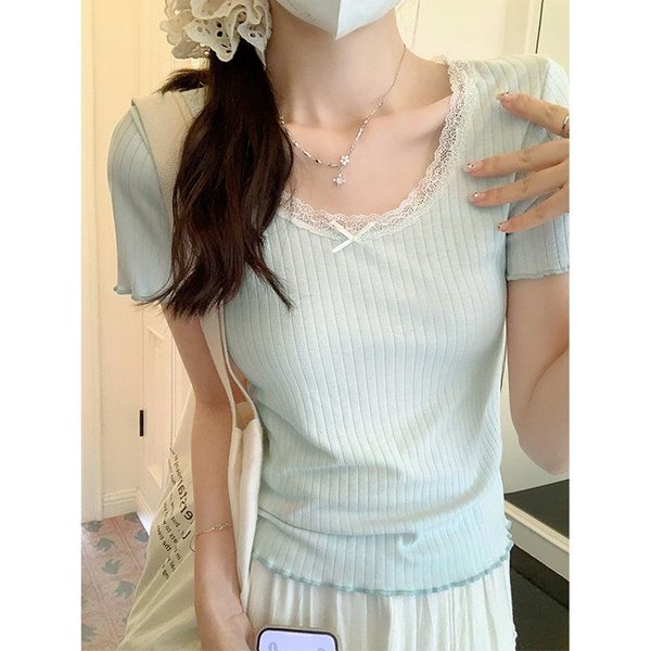 Camiseta De Encaje Puro Estilo Ballet Con Cuello En U Para Mujer, Nueva De Verano, Retro, Manga Corta, Con Dobladillo Enrollado, Top 2XL Black-image