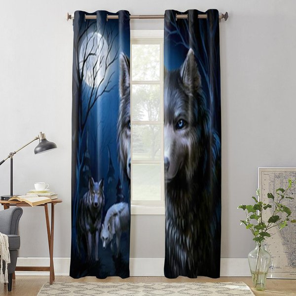 Nocny Las Zwierzę Wilk ZasłOny Okienne Do Salonu Kuchni Nowoczesne ZasłOny Dekoracja Domu ŻAluzje Draperie 135W X 60H(Cm) X1 Gray-image