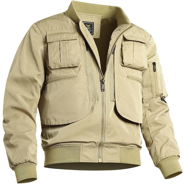 Kurtka Typu Bomber MęSki Mundur Baseballowy Kurtka Robocza Z Wieloma Kieszeniami Kurtka Funkcjonalna TrzyczęśCiowy Top Szturmowy L Beige-image