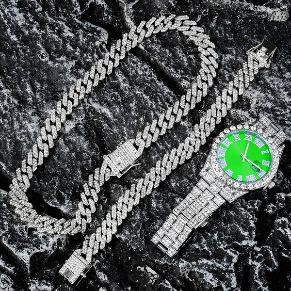 Kolorowy Zestaw Zegarka Z ŁAńCuchem KubańSkim Dla MężCzyzn Hip Hop Miami Curb Iced Out Wybrukowany Cyrkoniami Bling Naszyjnik Rapper Zegarek+Bransoletka 8Inch And 20Inch-image