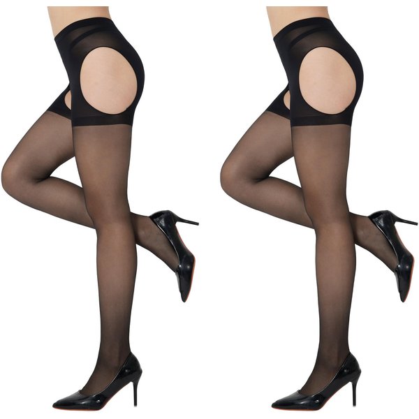 1/2 Pares Medias Transparentes Para Mujer Con Entrepierna Abierta Cintura Alta Medias De Ligero Body Medias Sexys 4 Lados Huecos 1XL-image