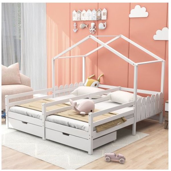 Cama Infantil - Muvoe - Cama De Listones Con 2 Cajones - Mdf - 200X90 Cm - Blanco Blanco-image