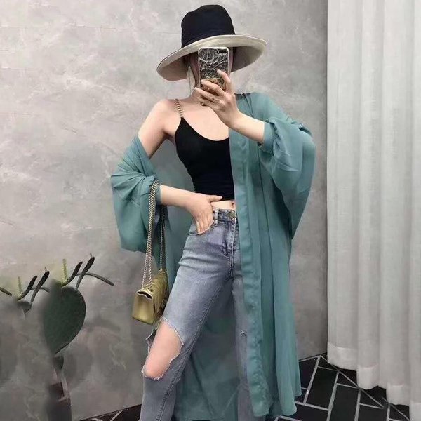 Abrigo Largo Delgado CáRdigan De ChifóN De Largo Medio Para Mujer Con Chal Abrigo Ultradelgado Camisa Holgada Verano Fino ProteccióN Solar M Gray-image