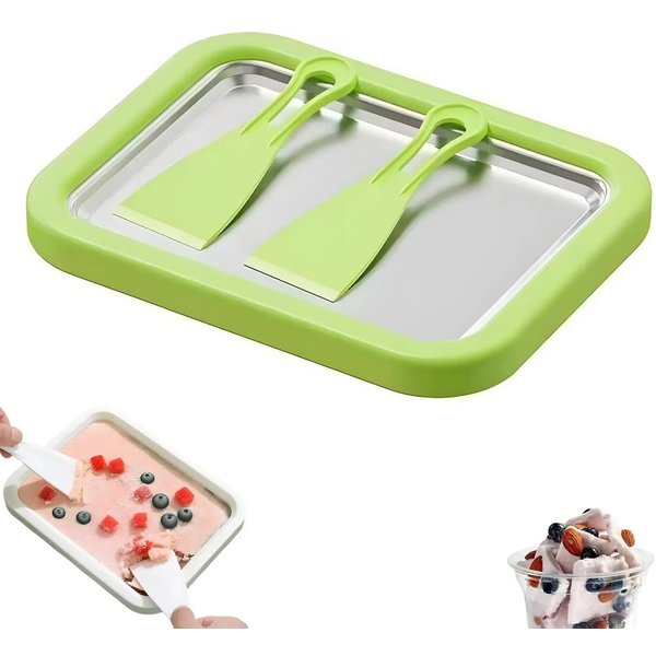 Bandeja Para Hacer Helados Con 2 Raspadores Placa Para Hacer Yogur Helado Placa Multifuncional DIY Para Comida Dulce Frita Congelada Fabricante De Helado Frito Enrollado Verde-image