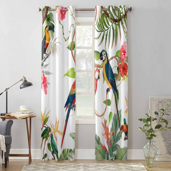Cortinas De Ventana De Hojas Tropicales Loro Flores Para Sala De Estar Cortina De Dormitorio De Lujo Persianas De Cocina Cortinas 135W X 60H(Cm) X1 White-image