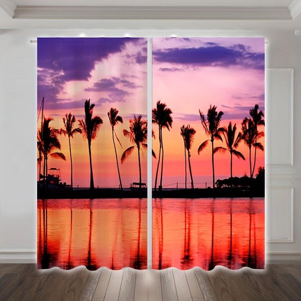 2 Piezas Cortina Puesta De Sol Bolsillo Para Barra Cortina ÁRbol De Coco Paisaje Marino Cortina Para Sala De Estar Dormitorio Cocina BañO DecoracióN Del Hogar 2X50W130H(Cm)&Hook-image