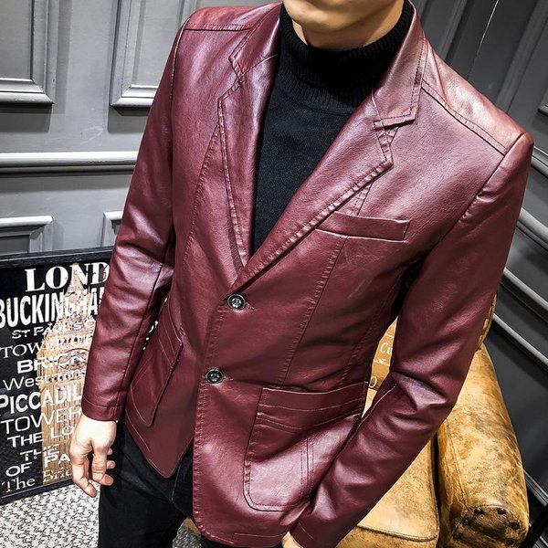 Chaqueta De Cuero PU De Primavera Para Hombre, Chaqueta De Cuero Ajustada Para Hombre Joven Con Cuello De Traje, Chaqueta De Cuero Casual De Negocios Para Hombre, Hombre 4XL Brown-image