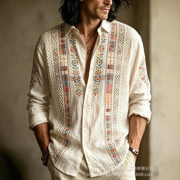 Elegante Camisa Bordada Floral De Manga Larga, VersáTil Y Elegante Top Para Hombre. 4XL White-image
