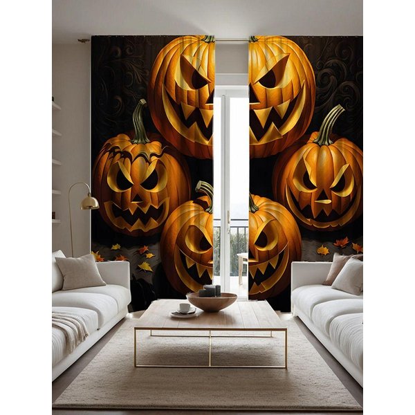 Juego De 2 Piezas HD Halloween Cuatro Calabazas OtoñO Hoja De Arce Cortina Decorativa Corbata Negra Cortina Impresa Digitalmente DecoracióN Del Hogar Estilo W52H63Inchw132H160Cm Orange-image