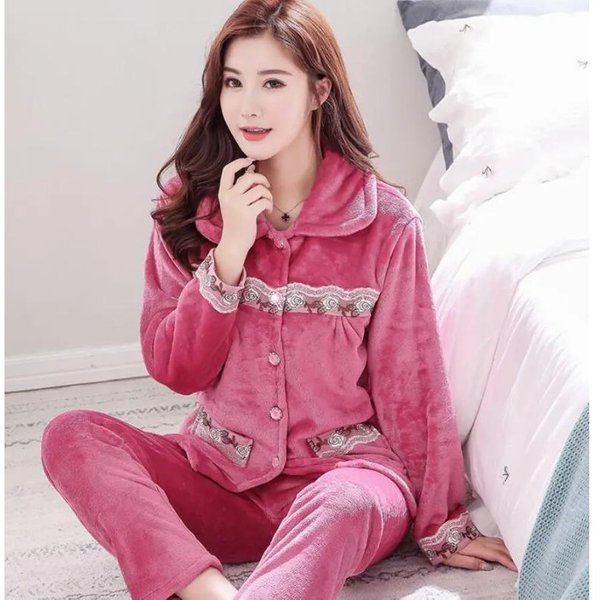 Conjunto De Pijama De Franela Para Mujer, Pijama De Manga Larga De Forro Polar Coral Grueso, Conjunto De Pijama, Pijama De Mujer, Ropa Para El Hogar M White-image