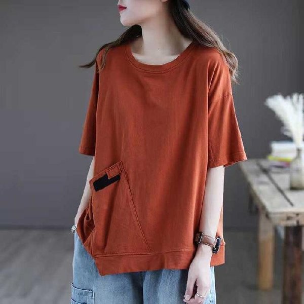 Nueva Camiseta De Verano Holgada Con Cuello Redondo Para Mujer Estilo Literario Top Irregular Con Parches De Media Manga Para Mujer XL Naranja-image