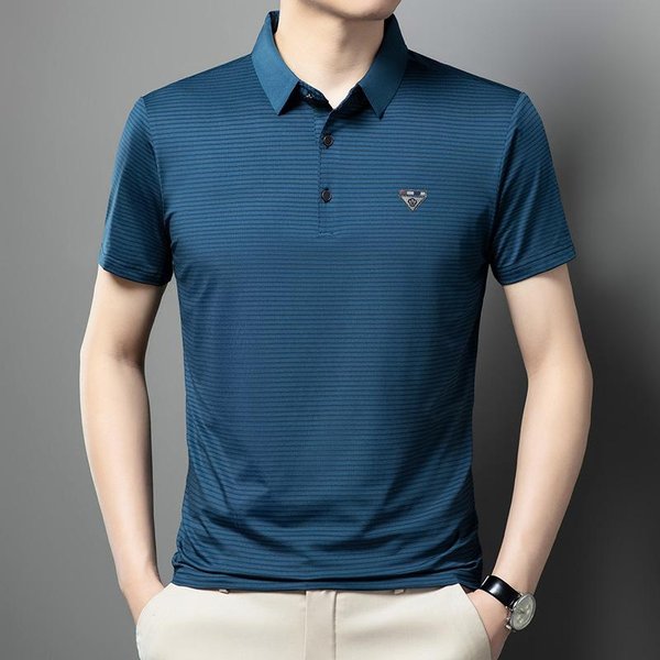Camiseta De Manga Corta A Rayas Para Hombre Ropa De Verano Para Papá De Mediana Edad Polo De Solapa De Alta Gama Para Negocios Estampado En Caliente Manga Media Xxxl Gray-image