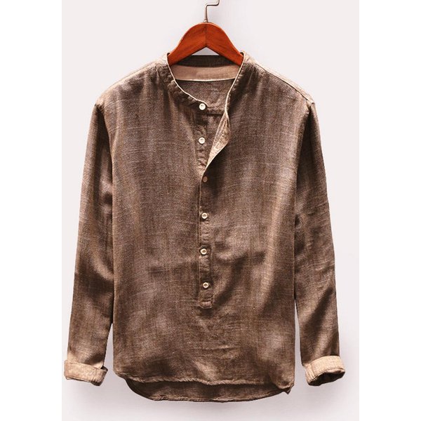 Camisa Retro Para Hombre Color SóLido AlgodóN Lino Cuello Mao Manga Larga Talla Grande XL Caqui-image