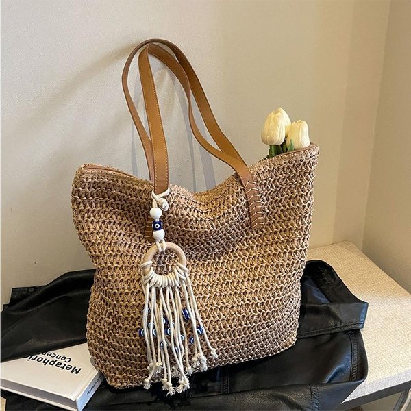 Bolso Tote De Paja Tejida De Gran Capacidad Bolso Tote Moderno Para Ir Al Trabajo Bolso De Verano Para Viajes Playa Vacaciones Bolso Casual De Hombro Para La Playa Brown-image