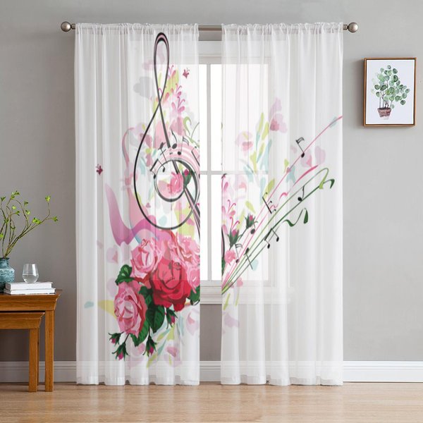 Cortinas Transparentes De Tul Con Flores De Rosa Y Salpicaduras Para Sala De Estar Cortina De Ventana De Tul Transparente Dormitorio Cocina DecoracióN Del Hogar Cortinas De Velos 135W X 114H(Cm) White-image