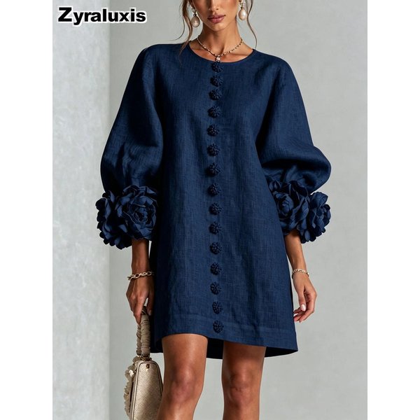 Francuska BawełNiano-Lniana Sukienka Z 3D Kwiatowymi Falbankami XS Cyjan-image