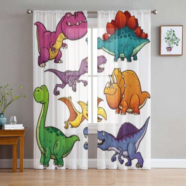 Cortinas Visillos De Dibujos Animados De Dinosaurios Para Sala De Estar Transparentes Tul Tratamientos Para Ventanas Dormitorio Cocina DecoracióN Del Hogar Cortinas De Velo 135W X 114H(Cm) Brown-image