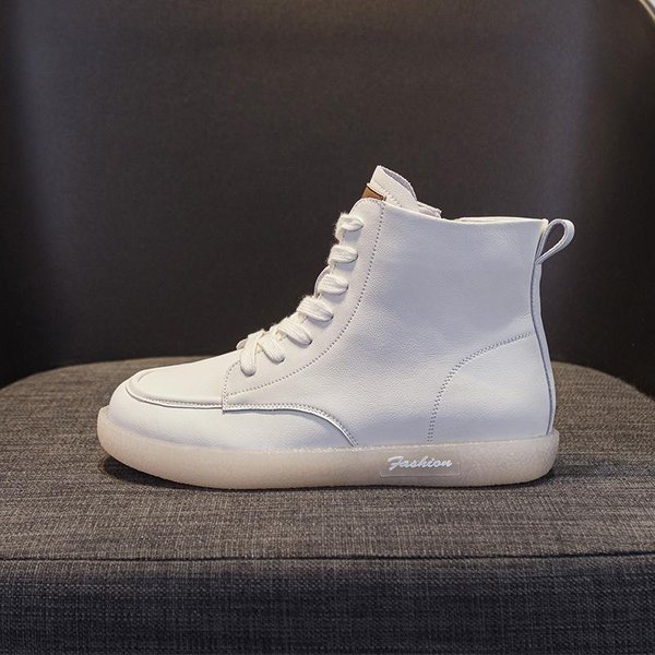 Botines Botines Mujer Zapatos De CañA Alta Zapatos Casuales Para Mujer OtoñO Nuevo VersáTiles Zapatos Planos Cuero Suela Blanda Zapato Blanco 36-image