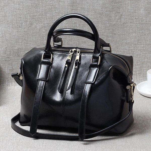 Retro PrzenośNa SkóRzana Torba Damska Boston Bag Z Olejowanej SkóRy Modna Damska SkóRzana Torba JednoręCzna Crossbody Czarny-image