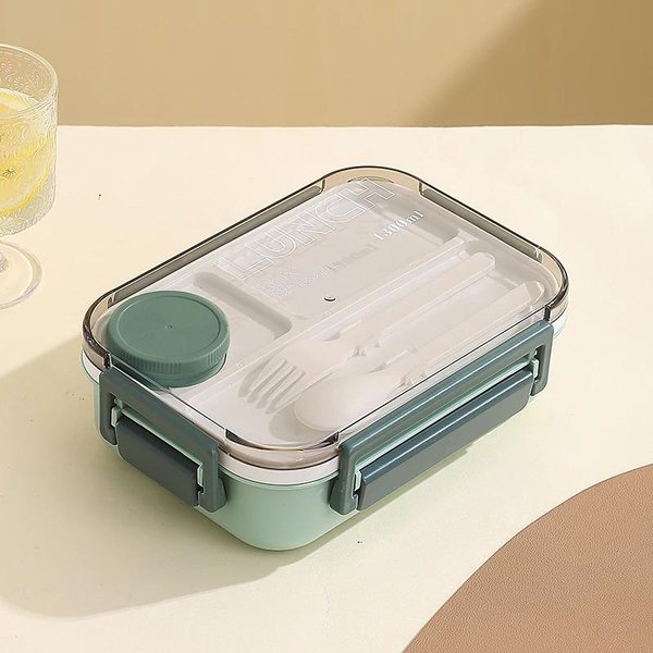 Fiambrera De PláStico De 1300 Ml Con Vajilla Para Oficina Horno Microondas Trabajadores Estudiantes Caja Bento Dividida Contenedor De Alimentos A Prueba De Fugas-image