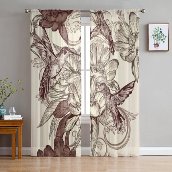 Cortinas TraslúCidas De Aves Y Flores Para Sala De Estar Tratamientos Transparentes De Tul Para Ventanas Dormitorio Cocina DecoracióN Del Hogar Velos 135W X 114H(Cm) Gray-image