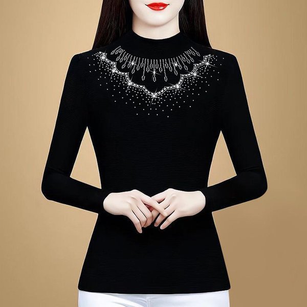 Camiseta De Invierno Para Mujer Engrosada Top De Manga Larga Semi-Cuello Alto CáLido Camisa Base Negra 4XL-image